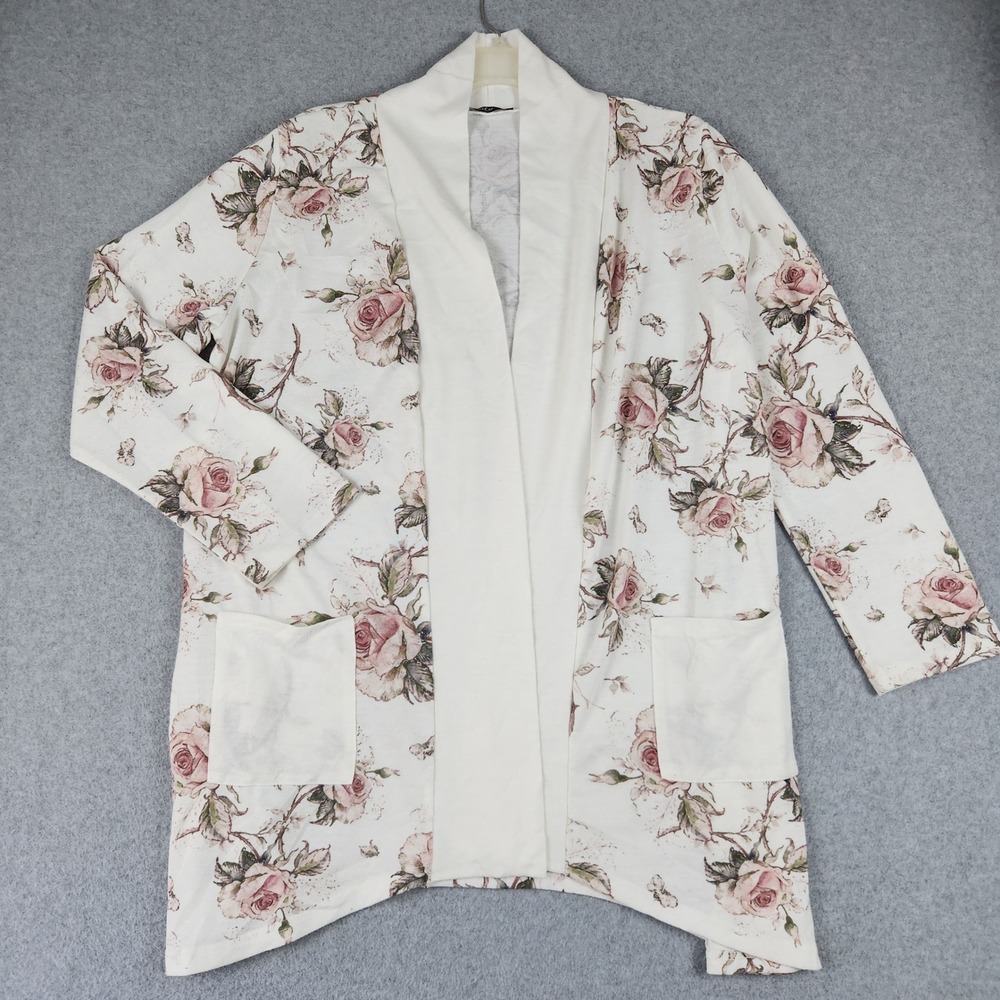 Lily by Firmiana Cardigan Sweater Women 2XL White Rose Floral Classic Open Front